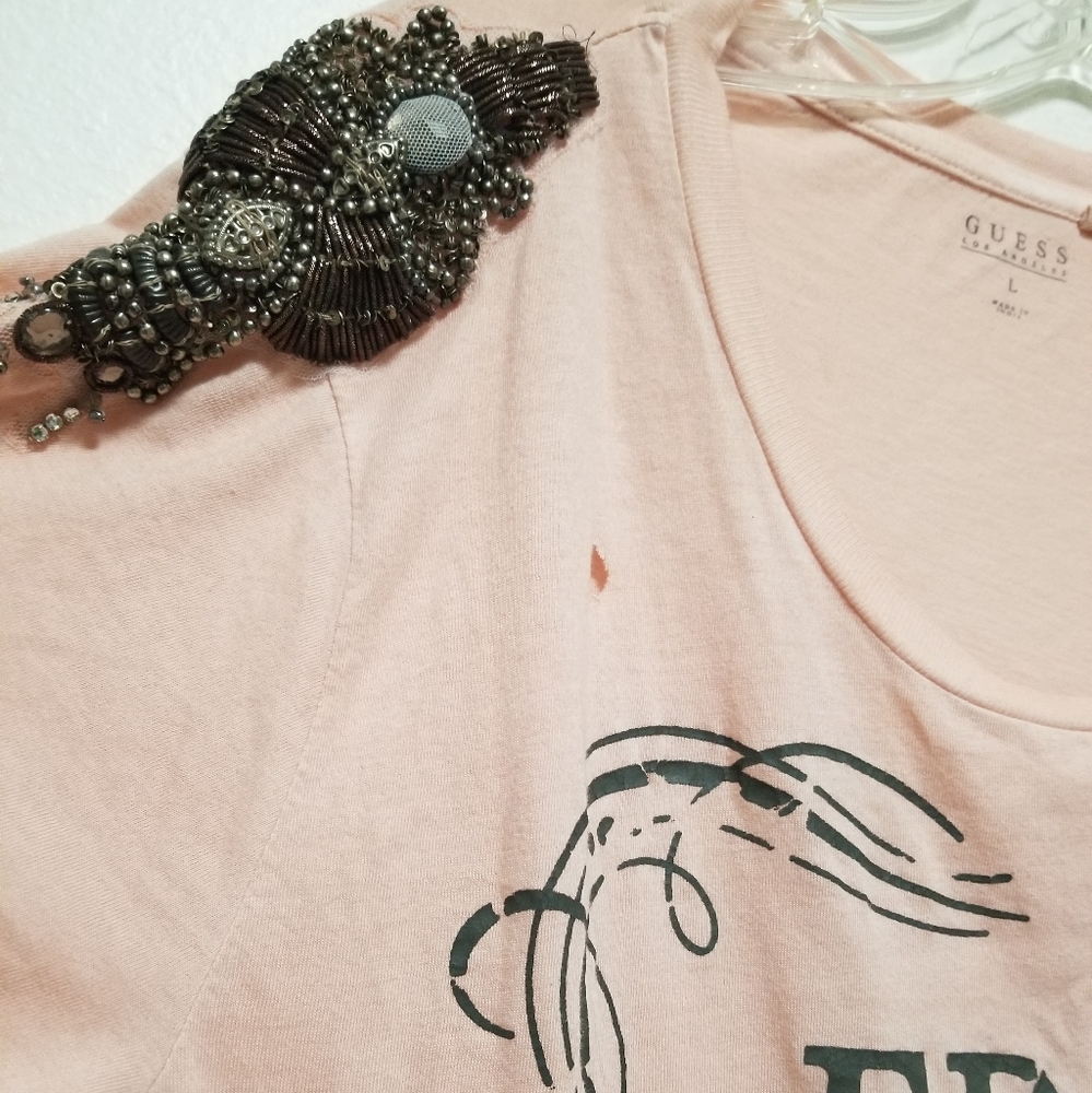New Guess Pink Beaded Rock T-shirt Distressed Graphic Edgy Trashy & Cute Large - Picture 4 of 10